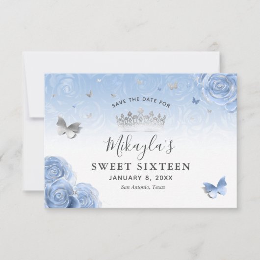 Silver Light Baby Blue Rose Elegant Save The Date (Vorderseite)
