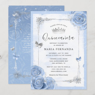 Silver Light Baby Blue Rose Elegante Quinceanera Einladung