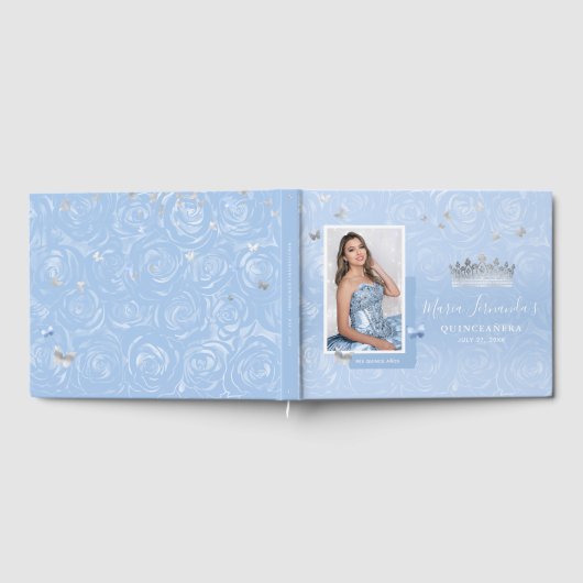 Silver Light Baby Blue Rose Foto Quinceanera Gästebuch (Voll)