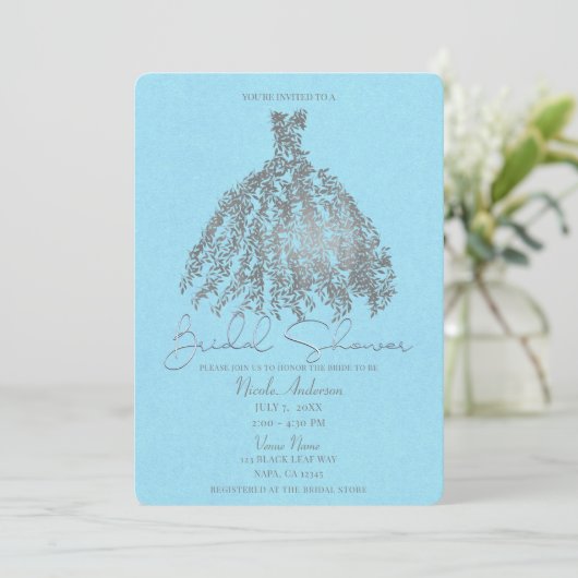 Silver & Light Blue Botanic Dress Brautparty Einladung (Stehend Vorderseite)