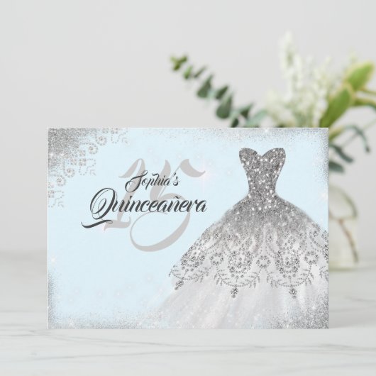 Silver Light Blue Lace Diamond Gown Quinceanera Einladung (Stehend Vorderseite)