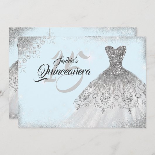 Silver Light Blue Lace Diamond Gown Quinceanera Einladung (Vorne/Hinten)