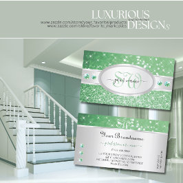 Silver Light Emerald Green Glitzer Jewels Monogram Visitenkarte