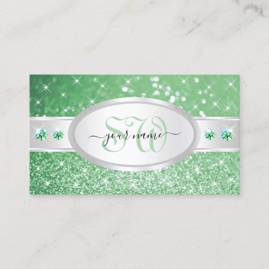 Silver Light Emerald Green Glitzer Jewels Monogram Visitenkarte (Vorderseite)