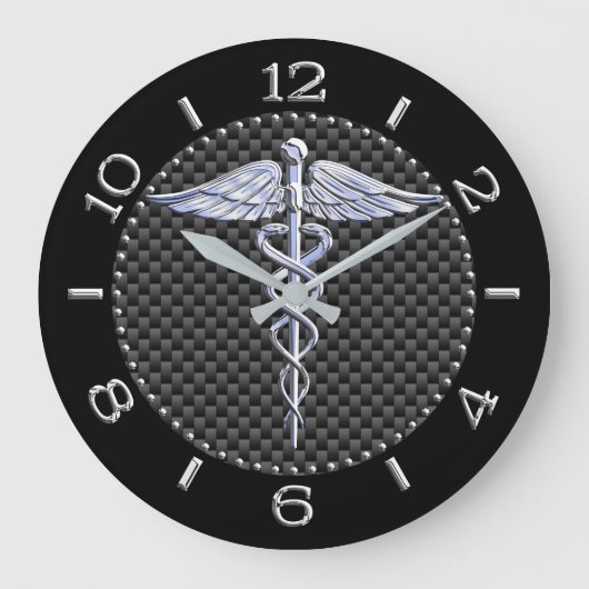 Silver like Caduceus Medical Symbol Black Dial Große Wanduhr (Vorderseite)