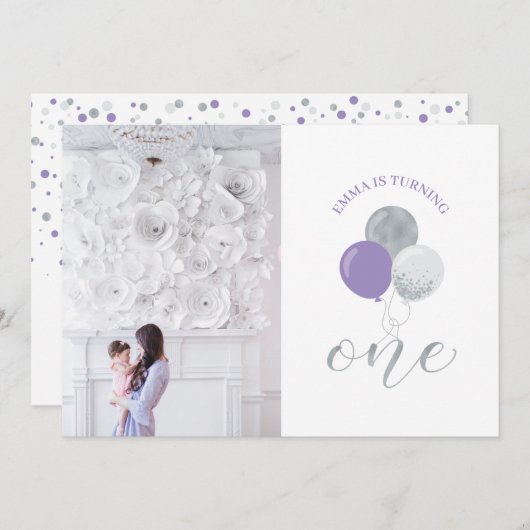 Silver & Lila Balloons | Mädchen 1. Geburtstag Par Einladung (Vorne/Hinten)