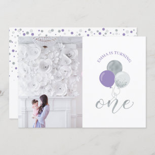 Silver & Lila Balloons Mädchen 1. Geburtstag Par Einladung