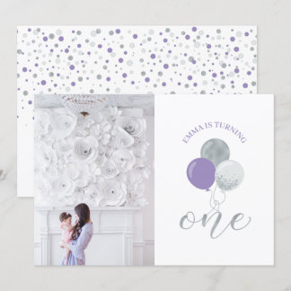 Silver & Lila Balloons | Mädchen 1. Geburtstag Par Einladung