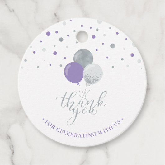 Silver & Lila Balloons Party Vielen Dank für Ihre Geschenkanhänger (Vorderseite)