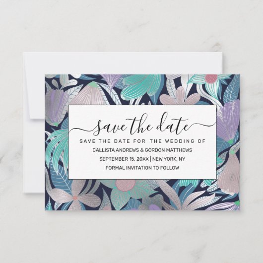 Silver Lila Blue Floral Blätter Illustrationen Save The Date (Vorderseite)