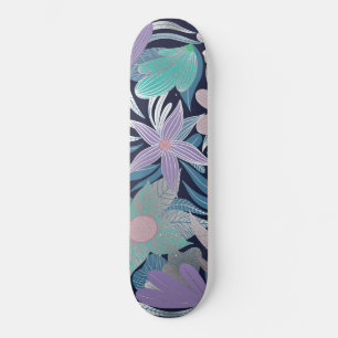 Silver Lila Blue Floral Blätter Illustrationen Skateboard