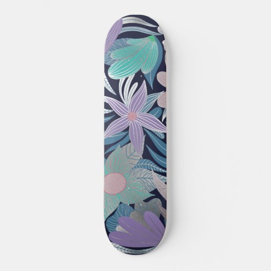 Silver Lila Blue Floral Blätter Illustrationen Skateboard (Vorderseite)