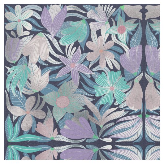 Silver Lila Blue Floral Blätter Illustrationen Stoff (Nahaufnahme)