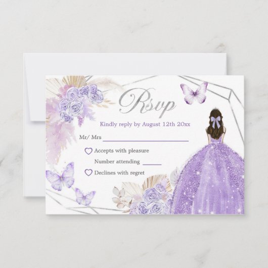 Silver Lila Boho Butterfly Quinceañera RSVP Karte (Vorderseite)