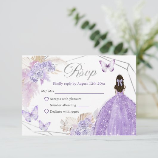 Silver Lila Boho Butterfly Quinceañera RSVP Karte (Stehend Vorderseite)