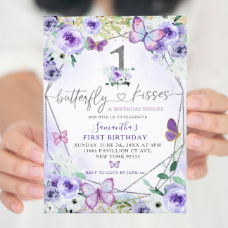 Silver Lila Butterfly Kisses Girl zum Geburtstag Einladung