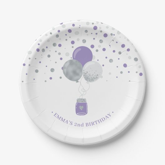 Silver & Lila Confetti Balloons Girl Birthday Pappteller (Vorderseite)