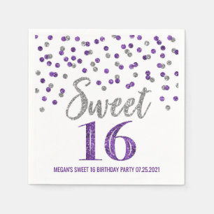 Silver Lila Confetti Sweet 16 Geburtstag Serviette