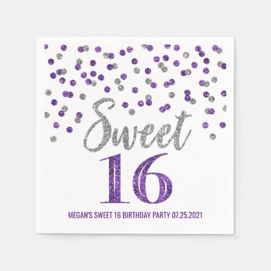 Silver Lila Confetti Sweet 16 Geburtstag Serviette (Vorderseite)