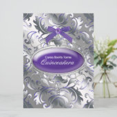 Silver Lila Damask Elegantes Lila Quinceanera Einladung (Stehend Vorderseite)
