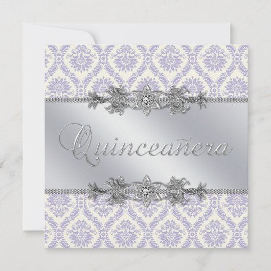 Silver Lila Damask Quinceanera Einladung (Vorderseite)