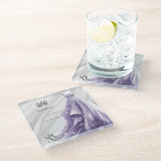 Silver Lila Dress Princess Quinceañera Glasuntersetzer (Schrägansicht)