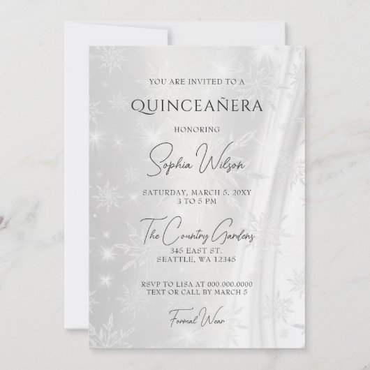 Silver Lila Dress Winter Snowflakes Quinceañera Einladung (Rückseite)