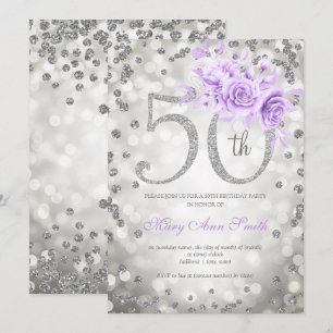 Silver Lila Floral 50. Geburtstag Glam Lights Einladung