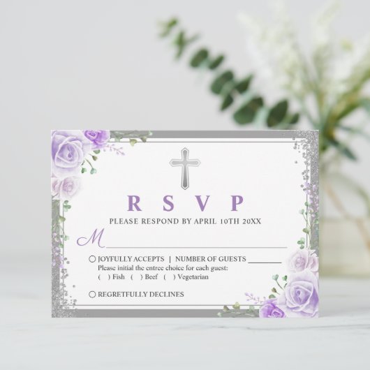Silver Lila Floral First commune RSVP Card (Stehend Vorderseite)