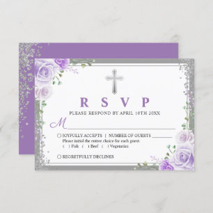 Silver Lila Floral First commune RSVP Card