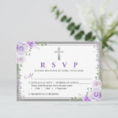 Silver Lila Floral First commune RSVP Card Karte (Stehend Vorderseite)