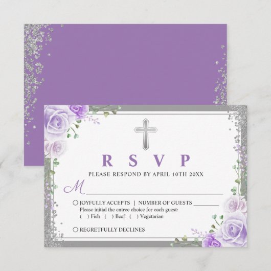 Silver Lila Floral First commune RSVP Card Karte (Vorne/Hinten)