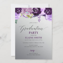 Silver Lila Floral Foto Graduation Party Einladung
