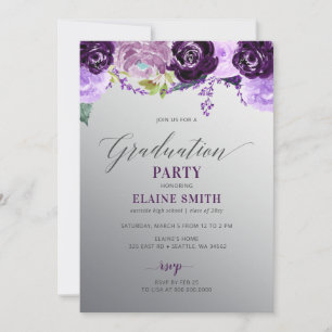 Silver Lila Floral Foto Graduation Party Einladung