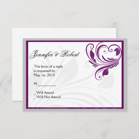 Silver Lila Floral Heft Scroll Response Card RSVP Karte