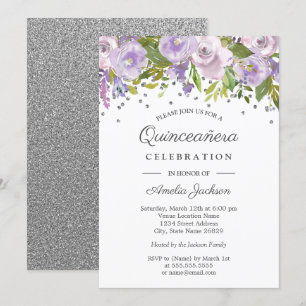Silver Lila Floral Watercolor Quinceanera Einladun Einladung