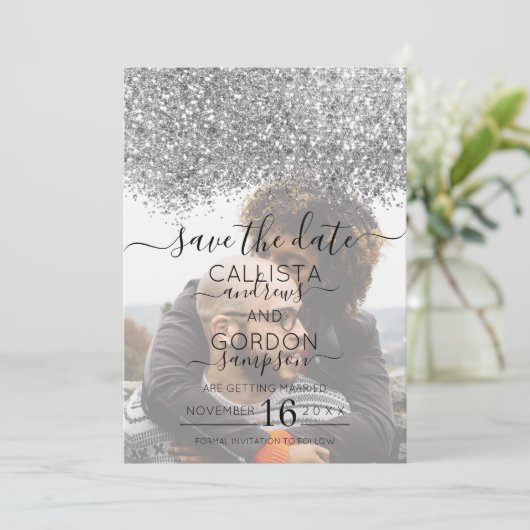 Silver Lila Glitzer Confetti Foto Wedding Save The Date (Stehend Vorderseite)