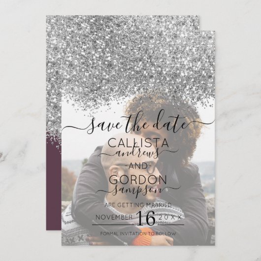Silver Lila Glitzer Confetti Foto Wedding Save The Date (Vorne/Hinten)