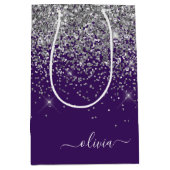 Silver Lila Glitzer Girl Monogram Name Mittlere Geschenktüte (Vorderseite)