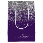 Silver Lila Glitzer Girl Monogram Name Mittlere Geschenktüte (Rückseite)