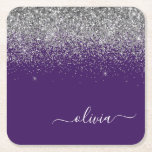 Silver Lila Glitzer Girl Monogram Name Rechteckiger Pappuntersetzer<br><div class="desc">Lila und Silver Sparkle Glitzer Script Monogram Name Paper Untersetzer. Dies macht den perfekten Abschluss,  Geburtstag,  Hochzeit,  Brautparty,  Jubiläum,  Babydusche oder Junggeselinnen-Abschied Geschenk für jemanden,  die Lieben glamourösen Luxus und schicke Stile.</div>