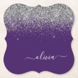 Silver Lila Glitzer Girl Monogram Name Untersetzer<br><div class="desc">Lila und Silver Sparkle Glitzer Script Monogram Name Paper Untersetzer. Dies macht den perfekten Abschluss,  Geburtstag,  Hochzeit,  Brautparty,  Jubiläum,  Babydusche oder Junggeselinnen-Abschied Geschenk für jemanden,  die Lieben glamourösen Luxus und schicke Stile.</div>