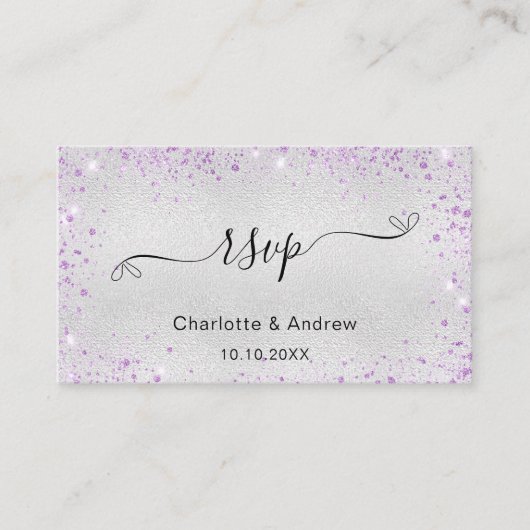 Silver lila Glitzer Hochzeitswebsite UAWG QR Code Begleitkarte (Vorderseite)