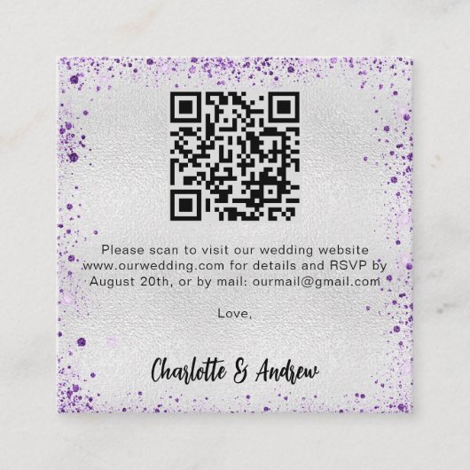 Silver lila Glitzer QR Code Hochzeit RSVP Begleitkarte (Vorderseite)