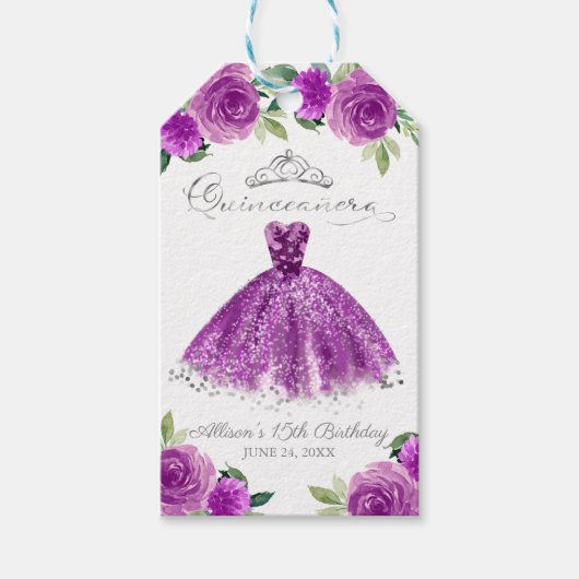Silver Lila Gown Floral Quinceanera Party Geschenkanhänger (Vorderseite)