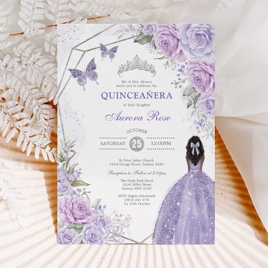 Silver Lila Quinceañera Butterfly Princess Party Einladung