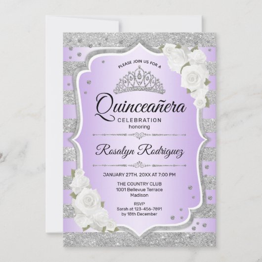 Silver Lila Quinceanera Einladung (Vorderseite)