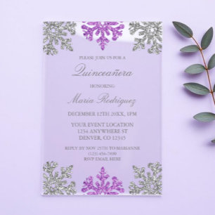 Silver Lila Snowflake Winter Quinceanera Acryleinladungen