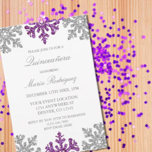 Silver Lila Snowflake Winter Quinceanera Einladung