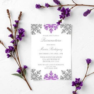 Silver Lila Snowflake Winter Quinceanera Einladung